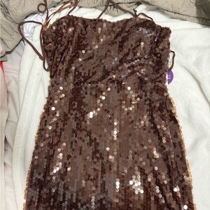 Lace up high slit sequin formal dresss